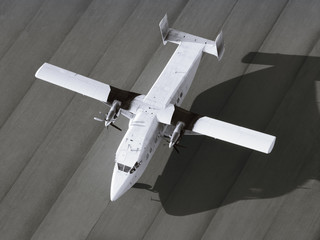 Top view of a single engine airplane ready to take off