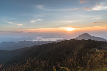 Mountain valley during sunrise. Natural summer landscape.