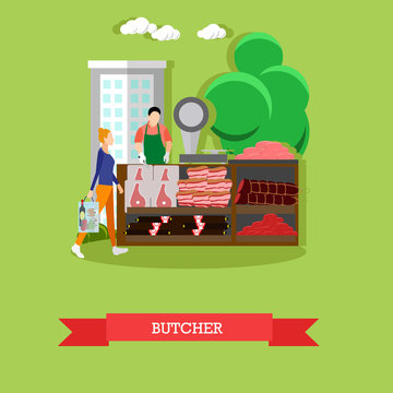 Vector illustration of butcher with meat products, seller and buyer.