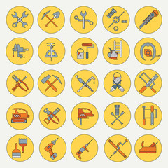 Line working color tools for construction, building and home repair icons set. Vector illustration. Equipment. Elements for design. Industrial style. Hand work tools collection.