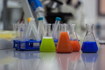 biotechnological laboratory equipment for research. Flasks, bott