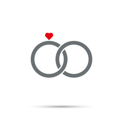 Engagement Rings Icon for Valentine’s Day. Joint pair of rings, red heart on left one.