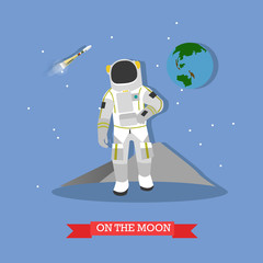 Vector illustration of astronaut walking on the Moon surface.
