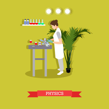 Vector illustration of woman carrying out experiment in physical laboratory