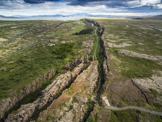 Aerial drone shot of National park Thinkvellir, Iceland