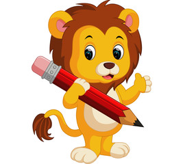 Naklejka premium Cute lion cartoon holding pencil