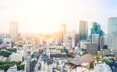 Business and culture concept - panoramic modern city skyline bird eye aerial view from tokyo tower under dramatic sunrise and morning blue sky in Tokyo, Japan