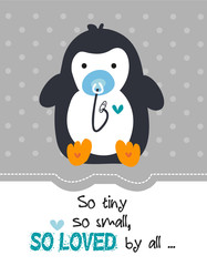 Baby penguin with blue sky pacifier card / Baby shower design / Mini penguin stock vector design