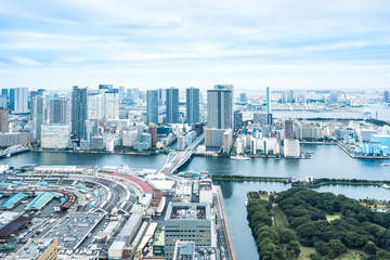 Naklejka na ściany i meble Business and culture concept - panoramic modern city skyline bird eye aerial view of Odaiba bay and bridge under dramatic morning blue cloudy sky in Tokyo, Japan