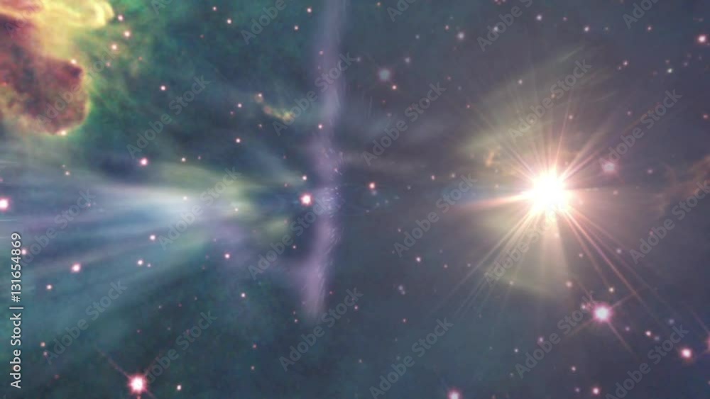 Sticker flying through star fields in space (loop).