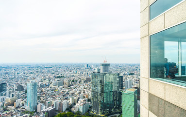 Business and culture concept - panoramic modern city skyline bird eye aerial view with tourist under dramatic sun and morning blue cloudy sky in Tokyo, Japan