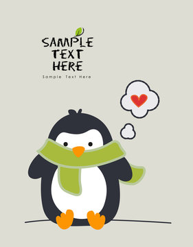 Little penguin wearing a scarf and a think bubble vector design
