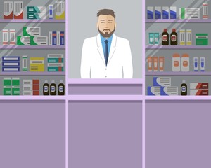 Web banner of a pharmacist. Young man in the workplace in a pharmacy: standing in front of violet shelves with medicines. Vector flat illustration