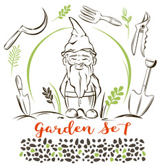 Vector Set of garden gnome with tools. For garden services logo - 131655013