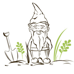 Vector cute garden gnome with background.For garden services logo - 131655040