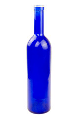Blue wine glass bottle isolated on  a white background. Recyclable waste series.