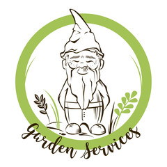 Vector cute garden gnome with background.For garden services logo - 131655092