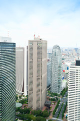 Business and culture concept - panoramic modern city skyline bird eye aerial view with mode gakuen cocoon tower under dramatic sun and morning blue cloudy sky in Tokyo, Japan