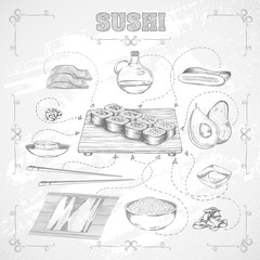 Japanese food. Recipe and ingredients of sushi. Painted hands style. Vector illustration