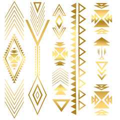 Flash tatto gold geometric ornament. Summer style. Aztec flash tattoo. Tribal gold abstract geometric elements. Vector illustration - 131656477