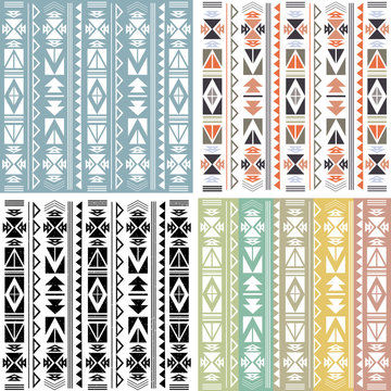 Set of four ethnic boho pattern with geometric design elements and arrows. Сolorful flat design