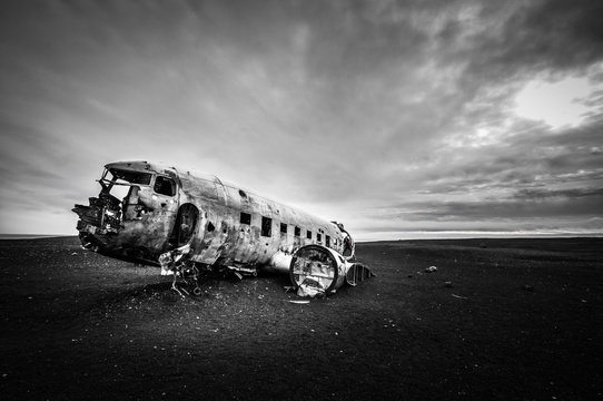 Wrecked Plane Dakota On Black Sand Beach In South Of Iceland