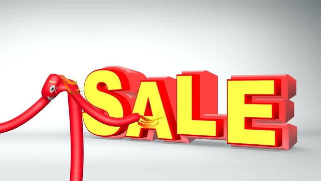 Animated inflatable red tubeman advertising puppet with bouncing sale sign