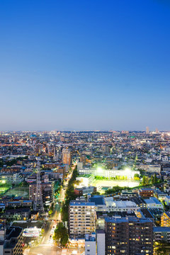 Business and culture concept for real estate and corporate construction - panoramic modern city skyline bird eye aerial night view under dramatic neon glow and beautiful dark blue sky in Tokyo, Japan © voyata