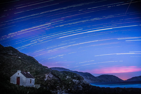 Fisherman cottage and Startrails over Nairbyl in south of isle of Man