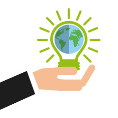 hand holding a light bulb with earth planet icon over white background. colorful design. vector illustration