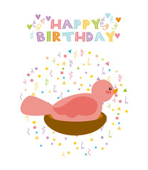 happy birthday card with cute bird icon over white background. colorful design. vector illustration