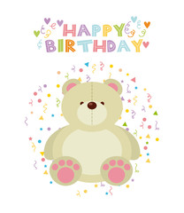 happy birthday card with cute bear icon over white background. colorful design. vector illustration