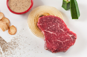 Good filet steak with onion, okra