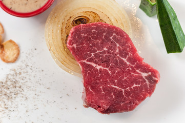 Good filet steak with onion, okra