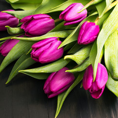 tulip bouquet on black wooden background