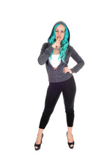 Woman standing with blue hair.