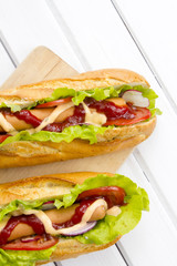 hot dogs on a wooden table
