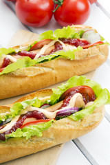 hot dog on a wooden table