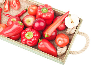 Set of red fresh raw vegetables and fruits