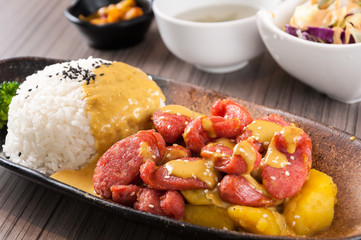 Roast sausage with curry and rice,Chinese fast food