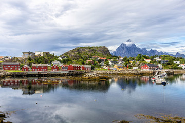 The village of Kabelvag from seaside, Norway. It is located on the southern shore of the island of...