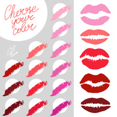 Beautiful lips palette. Vector illustration with lips print in different shapes, colors. Beauty salon makeup design