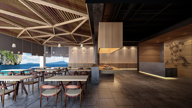 Oriental Restaurant With Sea View / 3D Rendering