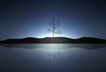 Lonely Tree Silhouette with Water, Mountain and Sunset Background