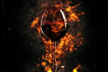 Papier Peint photo Lavable Vin Red wine glass in fire