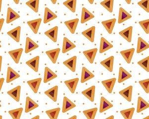 Purim hamantaschen seamless pattern. Jewish traditional dish on the holiday of Purim. endless background, texture, wallpaper. Vector illustration