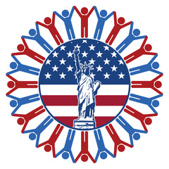 vector icon with flag of United States of America, statue of liberty