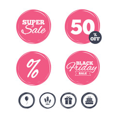 Birthday party icons. Cake and gift box symbol.