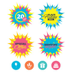 Birthday party icons. Cake and gift box symbol.