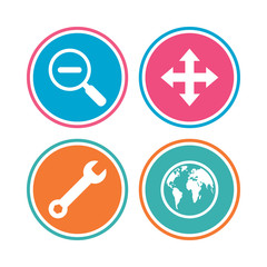 Magnifier glass and globe signs. Fullscreen.